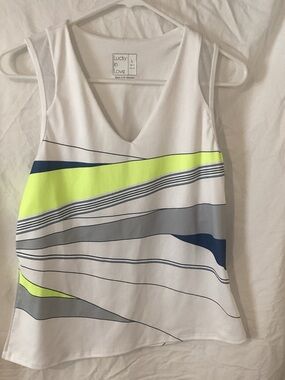 Lucky in Love White V-Neck Tank with Neon Yellow, Navy & Gray Wave Stripes